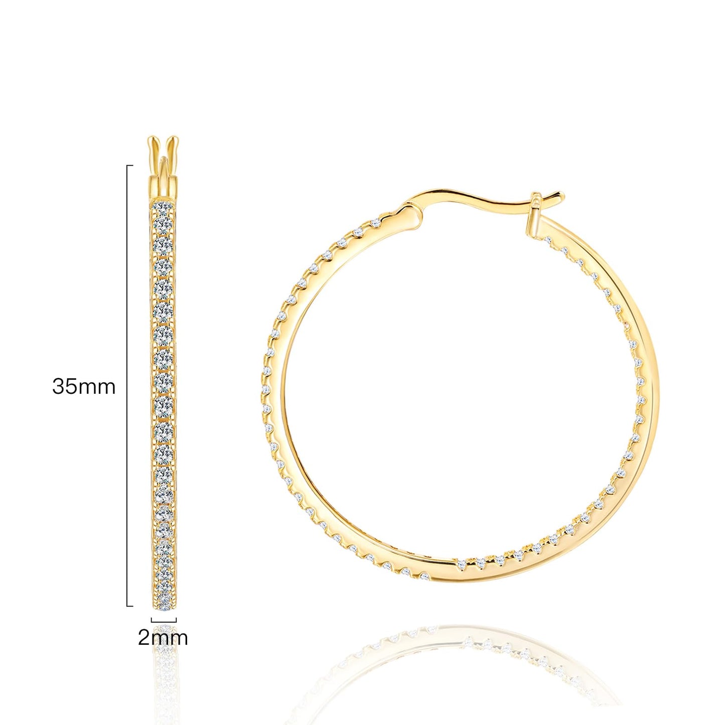 Suiune 14K Yellow Gold Hoop Earrings for Women, Hypoallergenic Dual-Sided Cubic Zirconia Hinged Hoops Jewelry for Woman, 2mm x 35mm