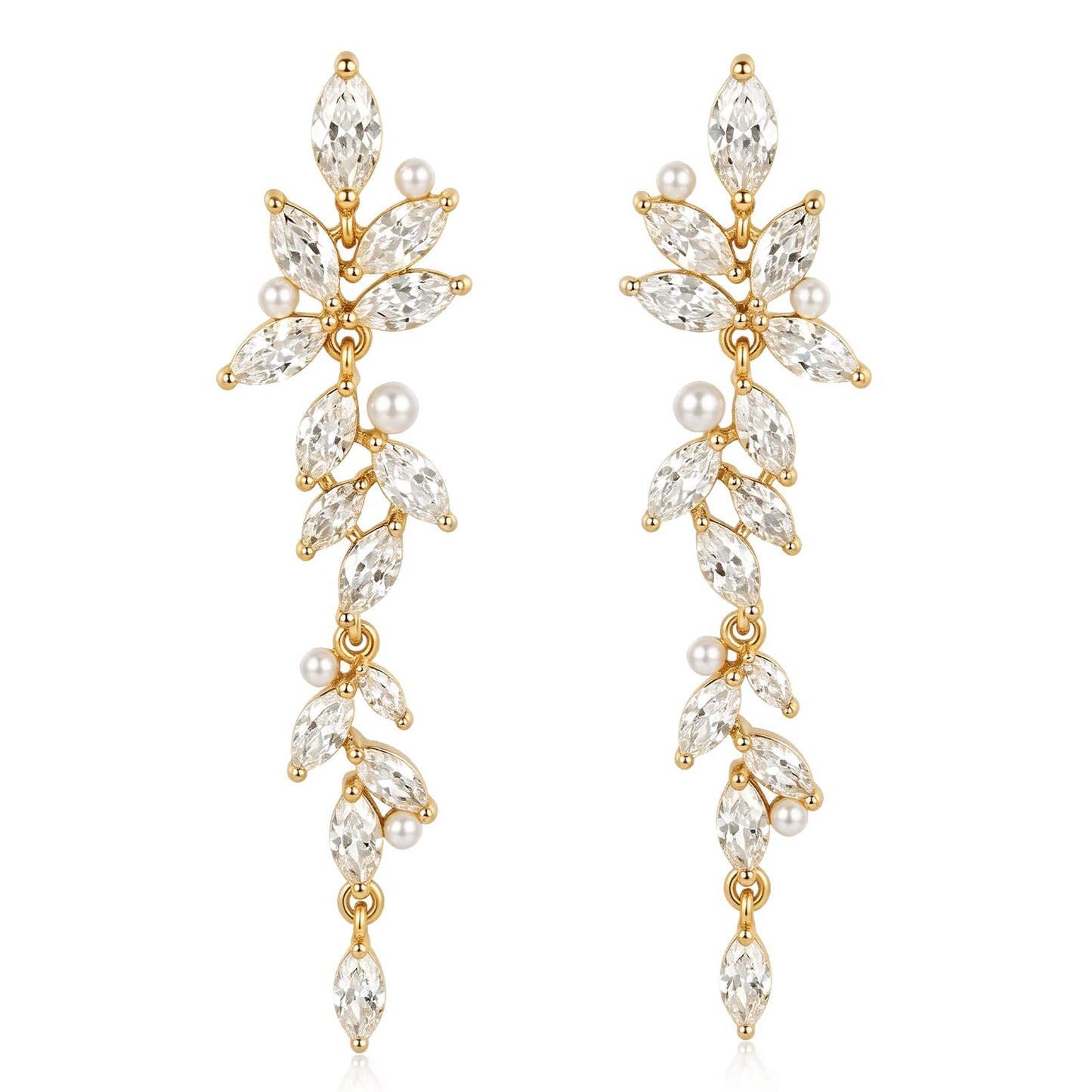 SWEETV Marquise Cubic Zirconia Dangle Earrings for Women, Crystal Wedding Bridal Drop Earrings for Brides Bridesmaids, 18K Gold Plated Chandelier Earrings for Anniversary Prom Jewelry Gift, Style01