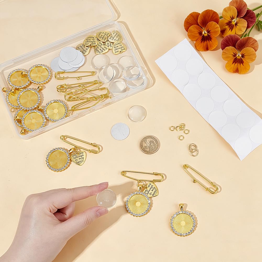 OLYCRAFT 10 Sets Gold Wedding Bouquet Photo Charm Pin Sublimation Blanks with Heart Pendant Round Pin Brooch Making Kit Bouquet Picture Charm DIY Pins Brooch Making Kit for Wedding Party Bridal