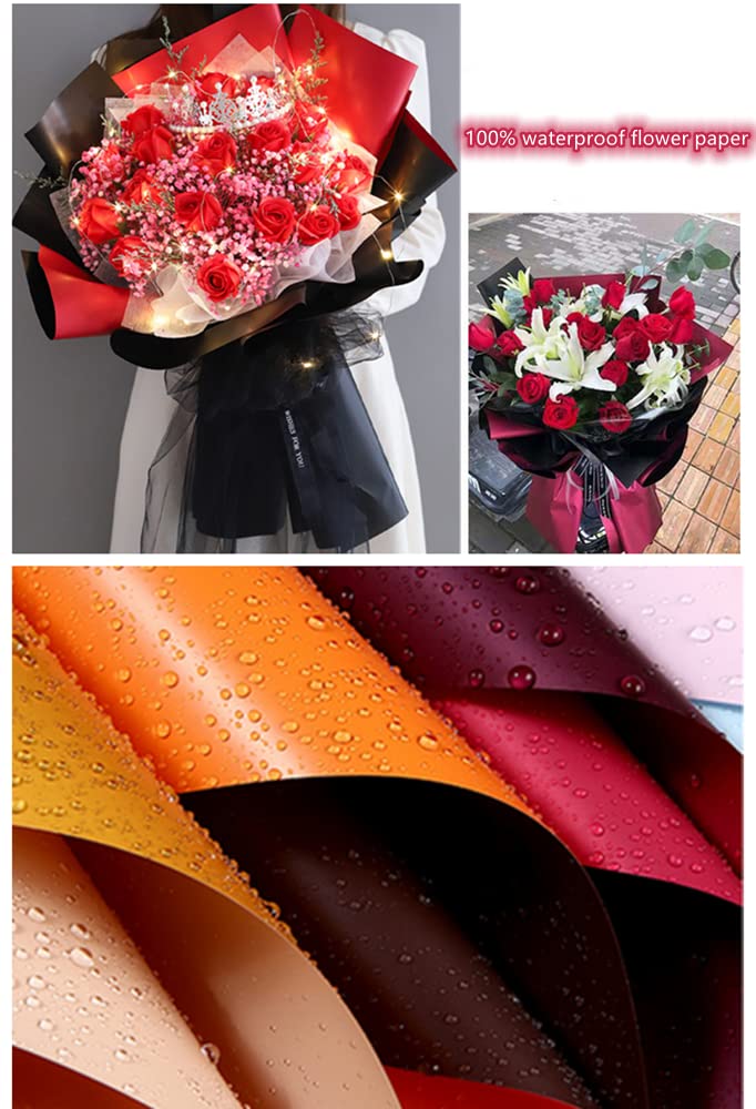 NatureMan 20 Sheets Double-Sided Colors Flower Wrapping Paper,Waterproof Valentine's Day Bouquet Wrapping Paper 22.8x22.8Inch Florist Supplies(Black+Wine red)