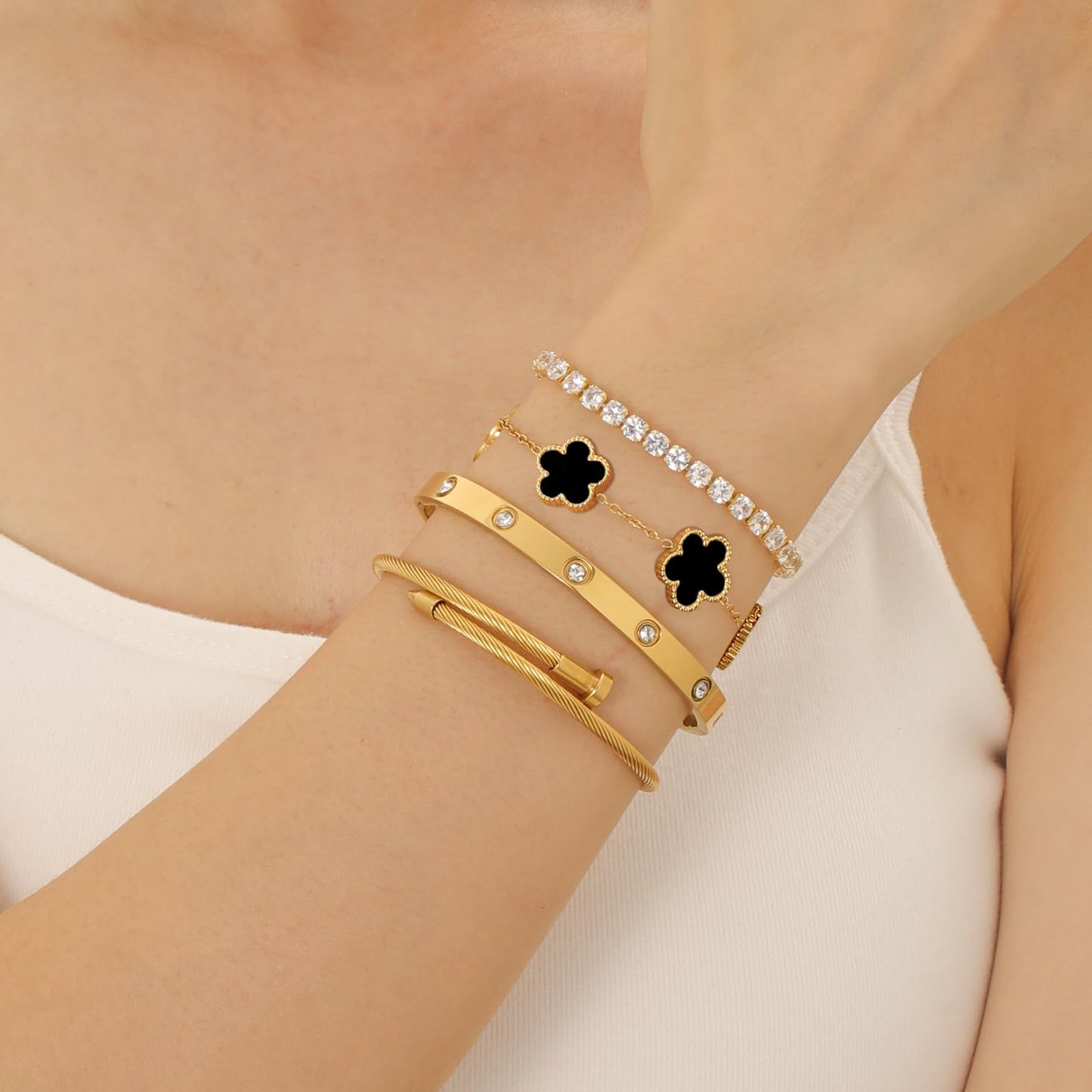 Gold Bracelets for Women, 18K Gold Plated Women Tennis Bracelets Clover Nail Love Bangle Bracelet Set, Gold Bracelet Stackable Set Trendy Jewelry, Gifts for Women's Day and Mother's Day (03-Color-black)