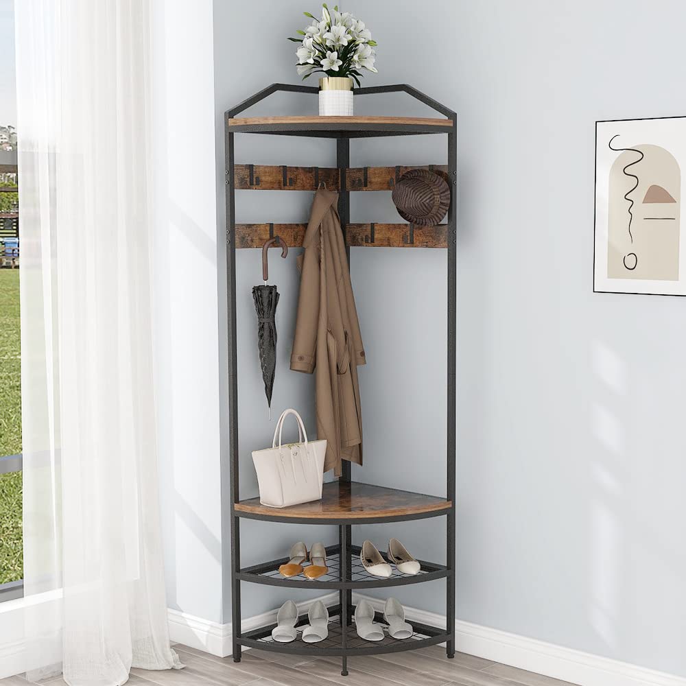 GiftGo Corner Hall Tree with Shoe Bench Entryway Coat Rack with 10 Metal Movable Hooks Floor Standing Clothes Rack Shoes Shelf Organizer for Home Office Bedroom (Rustic Brown)