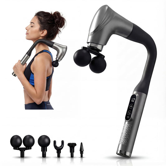 makecatch Long Handle Massage Gun for Back and Shoulders, Ergonomic Extended Reach Deep Tissue Massager, U-Shaped Dual Head Percussion Muscle Massager, 12 Speeds with 5 Heads, Quiet & Cordless