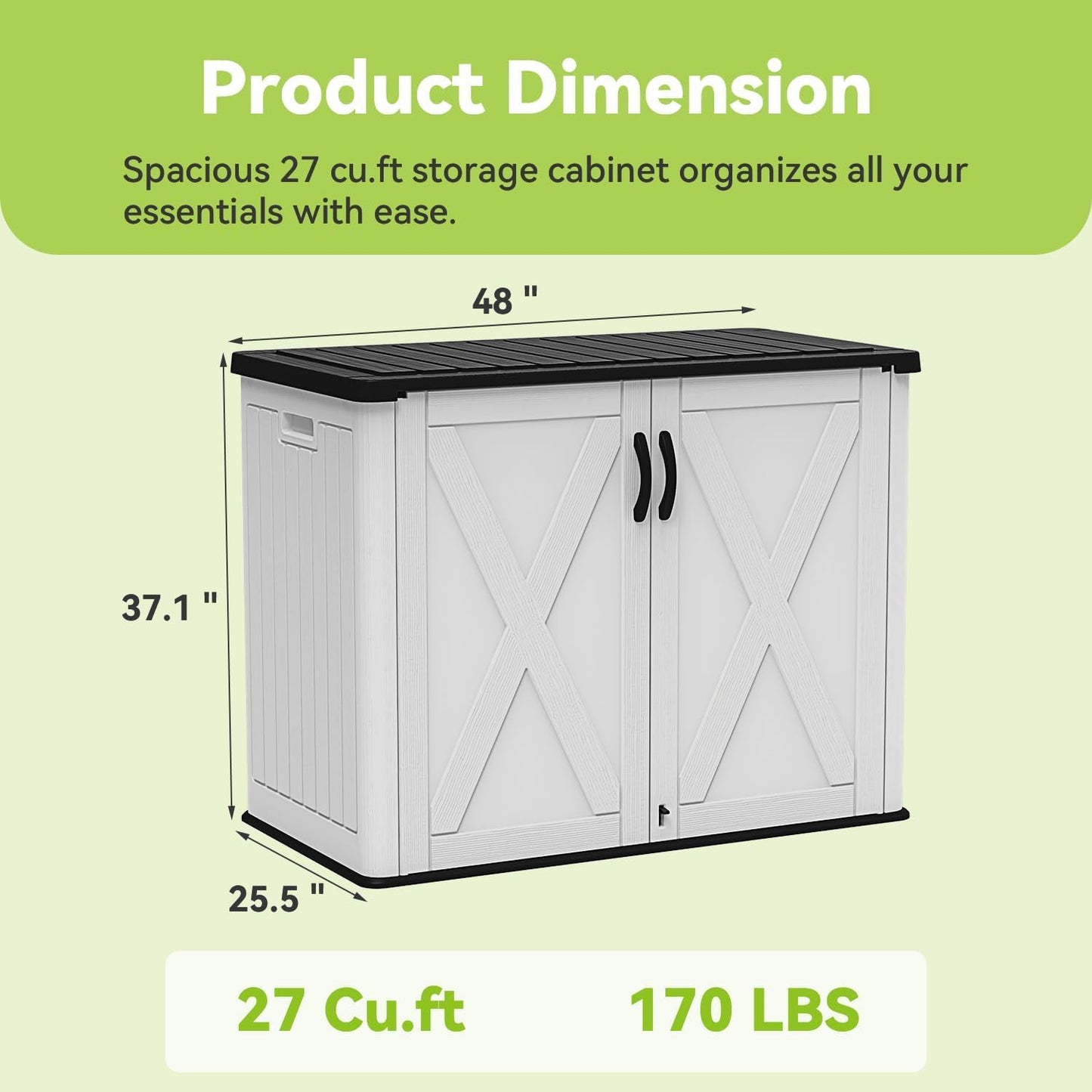 Devoko 26 Cu Ft Plastic Outdoor Storage Shed, Horizontal Resin Storage Cabinet with Lockable Door, Water-Resistant Backyard Storage Box for Garden Patio, White, Shelf Not Included