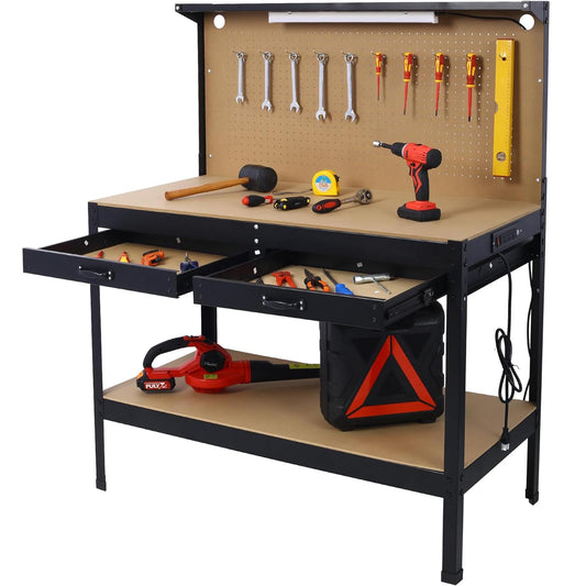 Heavy-Duty Steel Workbench with LED Light, 59'' Tool Storage Bench with Power Outlets & USB Ports, 200 lbs Capacity, Workbench with Pegboard & 2 Drawers for Garage or Workshop