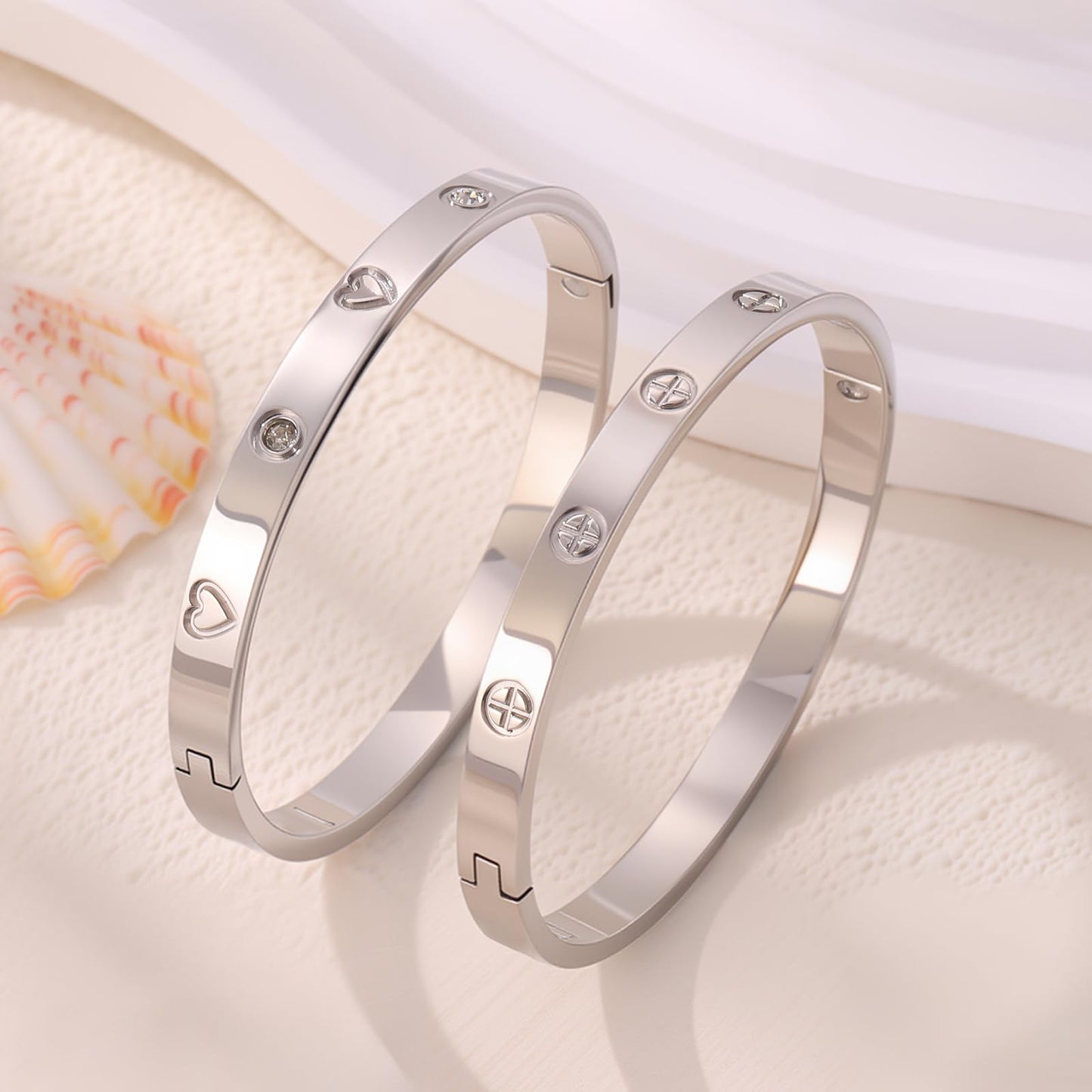 Camhanno 18K Gold Plated Stainless Steel Cuff Bracelet & Love Friendship Screw Bangle Bracelet Set for Women with Gift Box (2Pcs Silver Set Style 5)