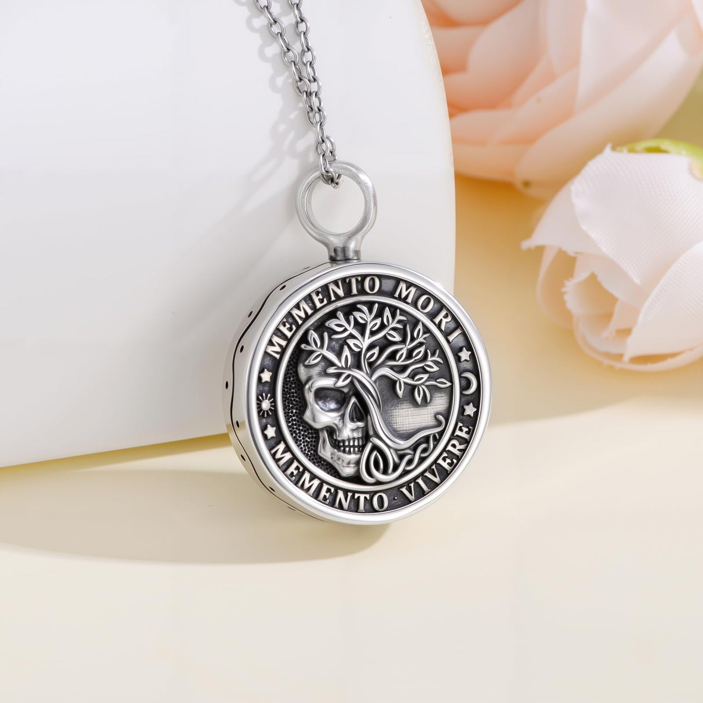 Memento Mori Urn Necklace for Ashes Gothic Skull Pendant Tree of Life Hourglass Cremation Memorial Jewelry Amulet Protection Necklace Gift for Men Women Him Her