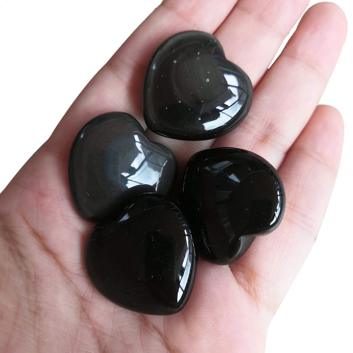 Loveliome 4 Pcs Natural Black Obsidian Love Heart Palm Stone Reiki Balancing Worry Stone(1 Inch)