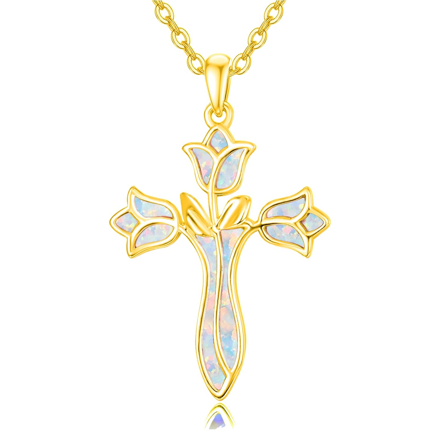 Dreamboat Gold Plated Cross Necklace for Women Gold Plated Cross Pendant Sterling Silver Christian Necklace Tulip Rose White Opal Faith Confirmation Gifts Religious Jewelry for Mom