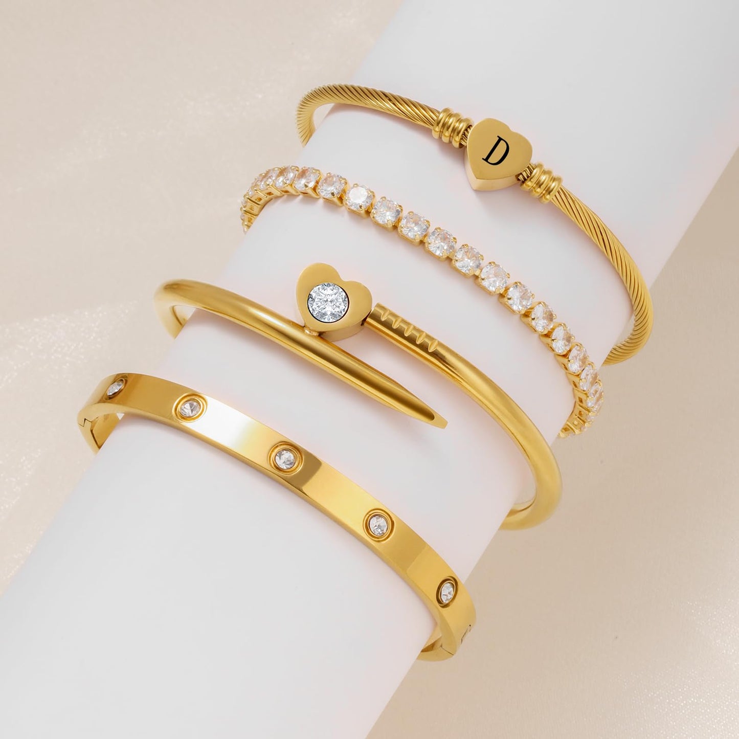 MEIERYA18K Gold Plated Nail love Bangle Bracelet Set for Women,Cubic Zirconia,Adjustable tennis bracelet Trendy Gift Jewelry for Mother's Day Anniversary (04-Style-D)