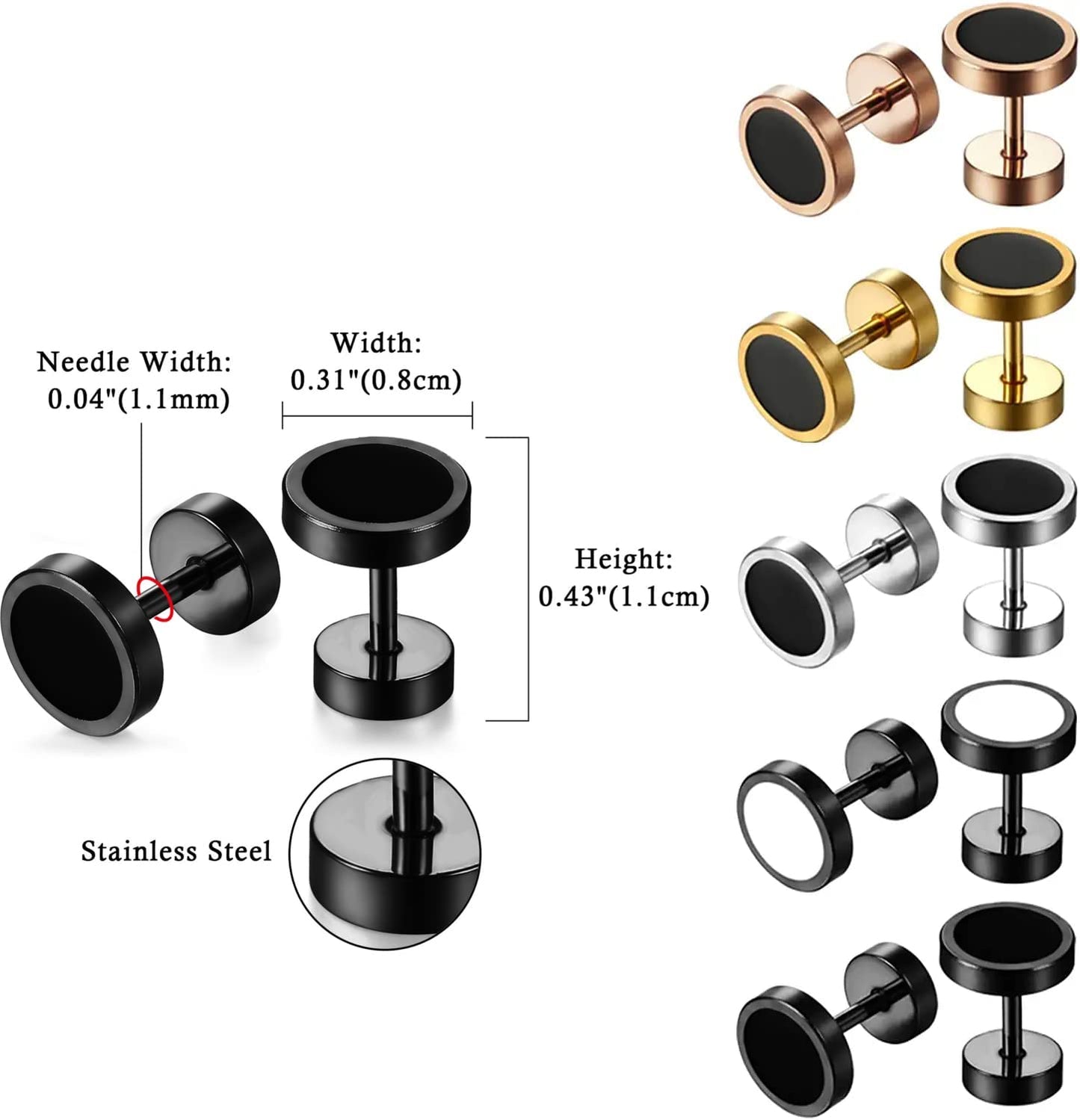 Aroncent Stud Earrings for Men Women Fake Gauge Fake Earrings Stainless Steel Earrings 8MM Rosegold Christmas Gifts