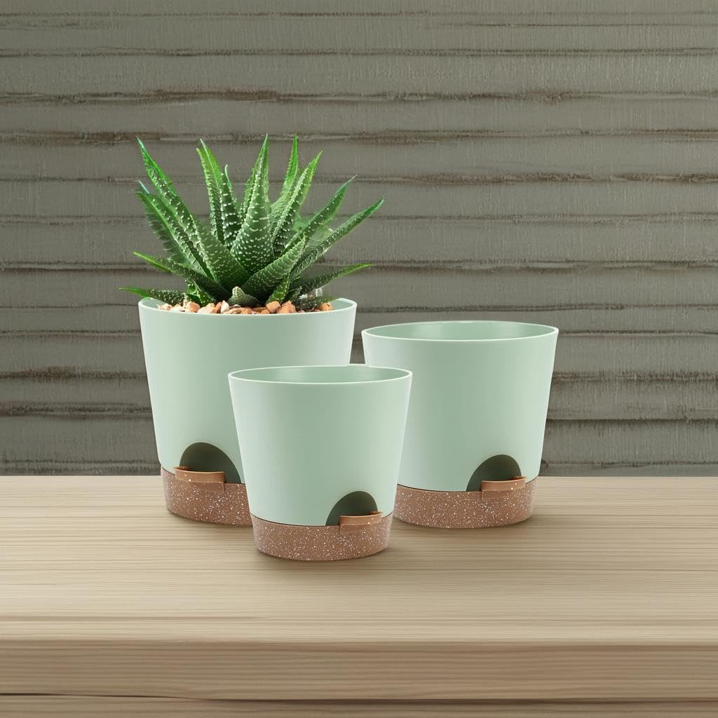 YNNICO Indoor Self Watering Planters with Drainage Holes and Saucers, 9,8, 7.5 Inches, Green, 3 Pots (Springgreen)