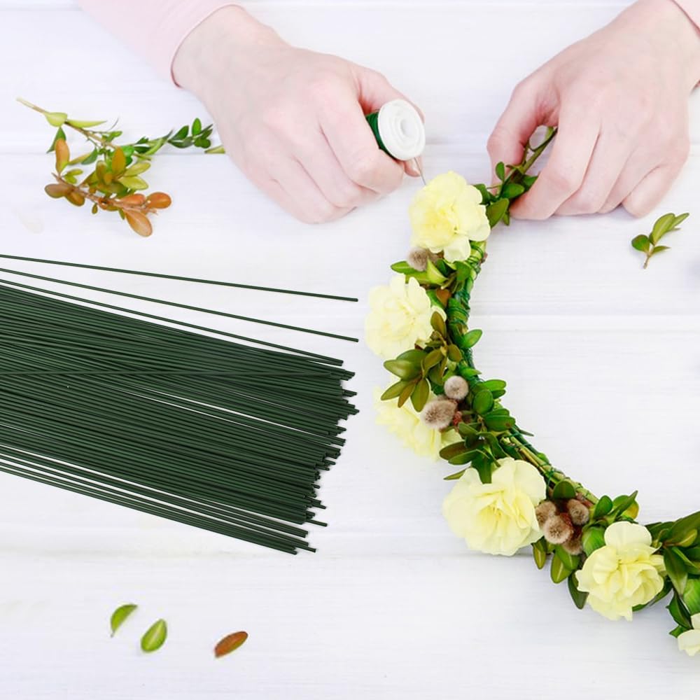 HAIOPS Floral Stems Wire 150pcs 16 Inch 14 Gauge Green Floral Wire Stems for DIY Crafts, Flower Arrangement, Wreath