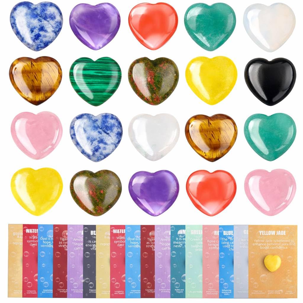 UU UNIHOM 24 Pcs Crystals Heart Healing Stones for Valentines Day Party Gift Crystal Heart Shaped Rocks Gemstones with Greeting Cards for Meditation Balancing Chakra Reiki Spiritual Christmas Gifts