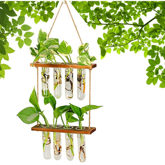 Hiuxume 2 Tiered Wall Hanging Planter, Wooden Stand with Glass Planter Test Tube Vase for Hydroponic Plant Propagation, Perfect for Indoor and Outdoor Decor