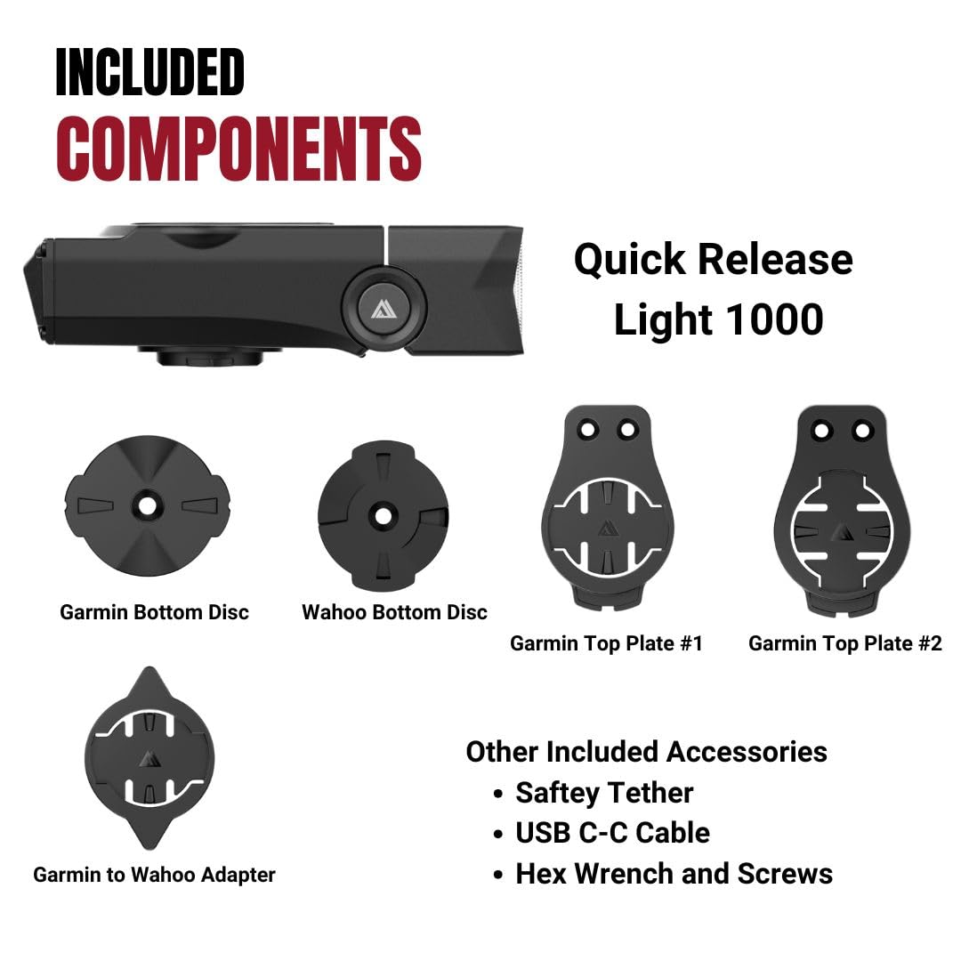 Quick Release 1000 Lumen Bike Front Light by KOM Cycling - Designed for Wahoo and Garmin Mounts with Quarter Turn - 6 Modes, Top or Bottom Mounting, 30 Degree Hinge