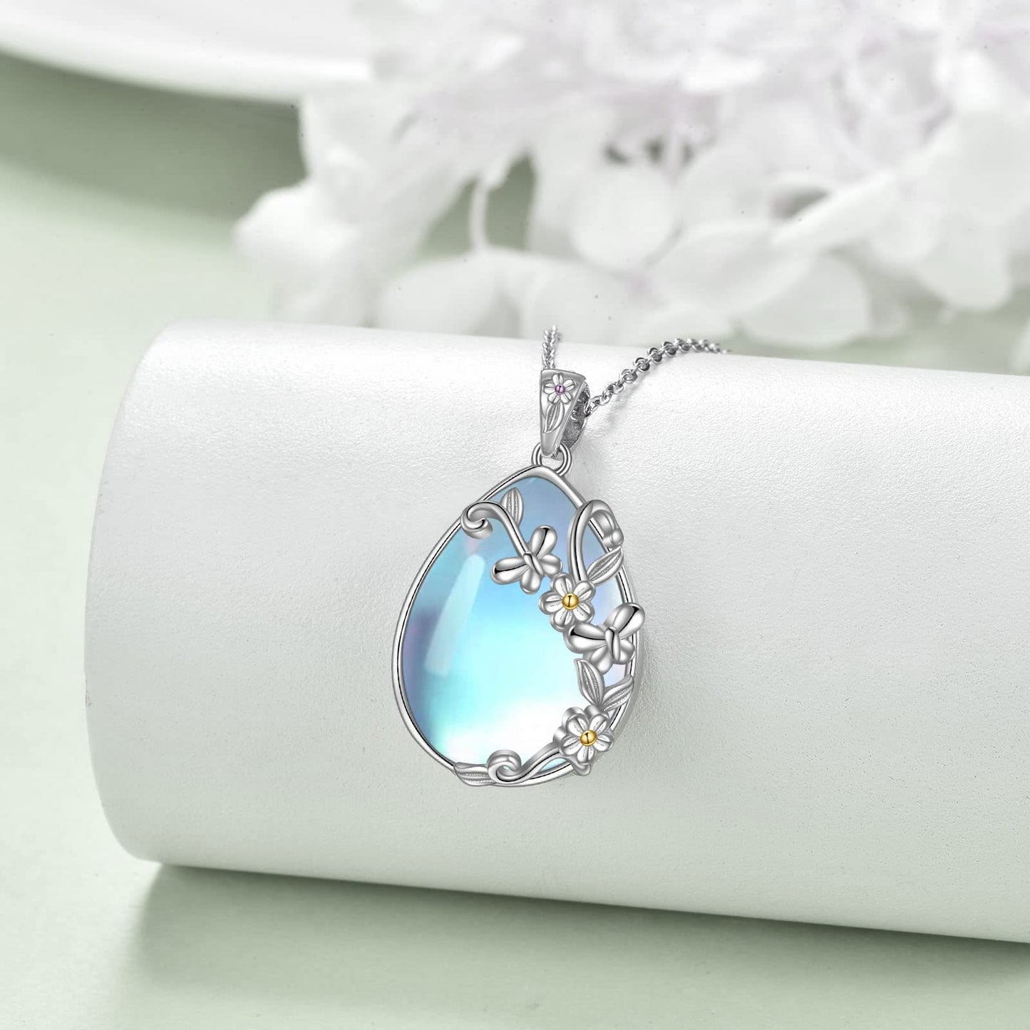 YAFEINI 925 Sterling Silver Moonstone Necklace Filigree Teardrop Daisy Butterfly Pendant Necklace Jewelry for Women (C-Daisy Butterfly Moonstone)