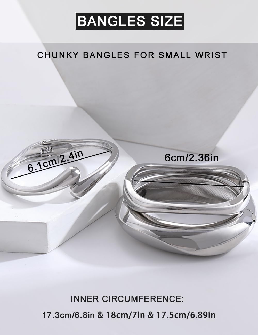 Chunky Gold Bangle Bracelets for Women, Dainty 14k Gold Plated Big Stackable Bangles Set, Trendy Statement Cuff Bracelet Stack Summer Beach Jewelry Gifts (Silver)