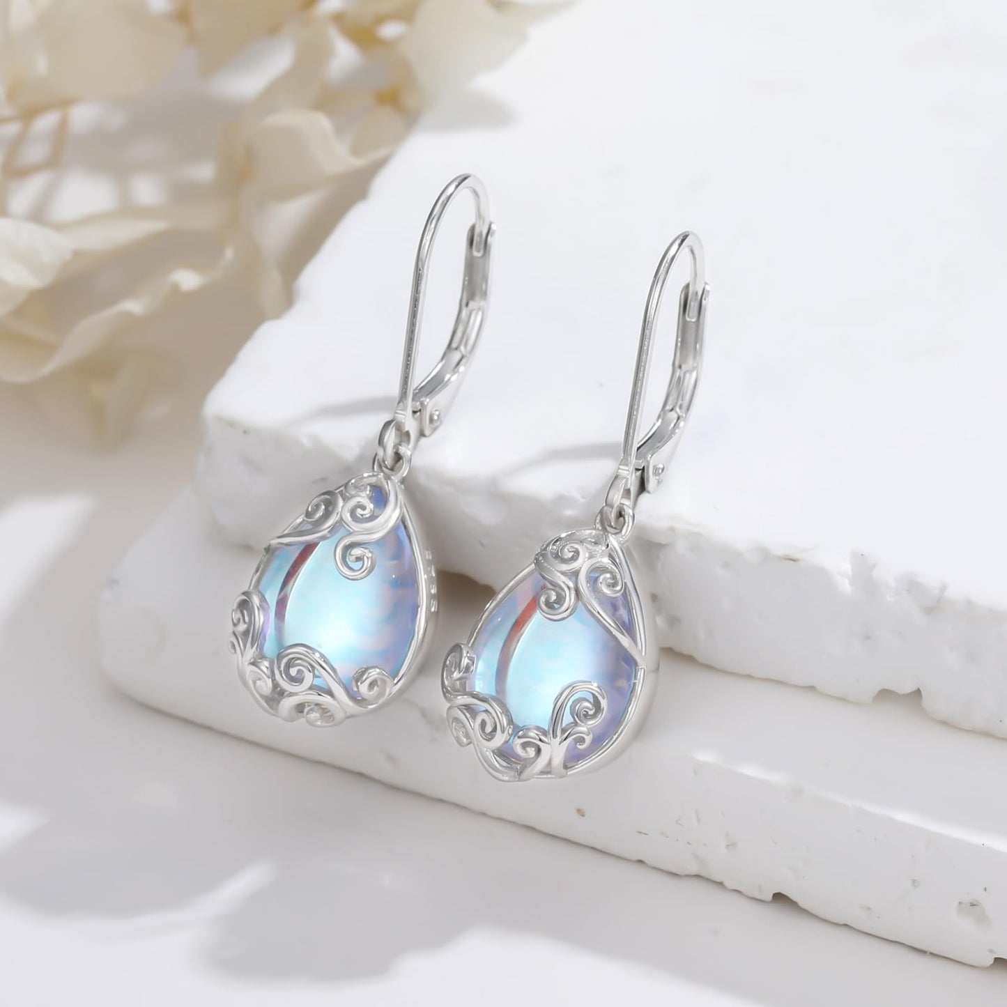 KoyeKei Filigree Moonstone Leverback Earrings for Women 925 Sterling Silver Moonstone Teardrop Dangle Drop Earrings Jewelry Filigree Anniversary Graduation Gifts for Girlfriend Her Lover