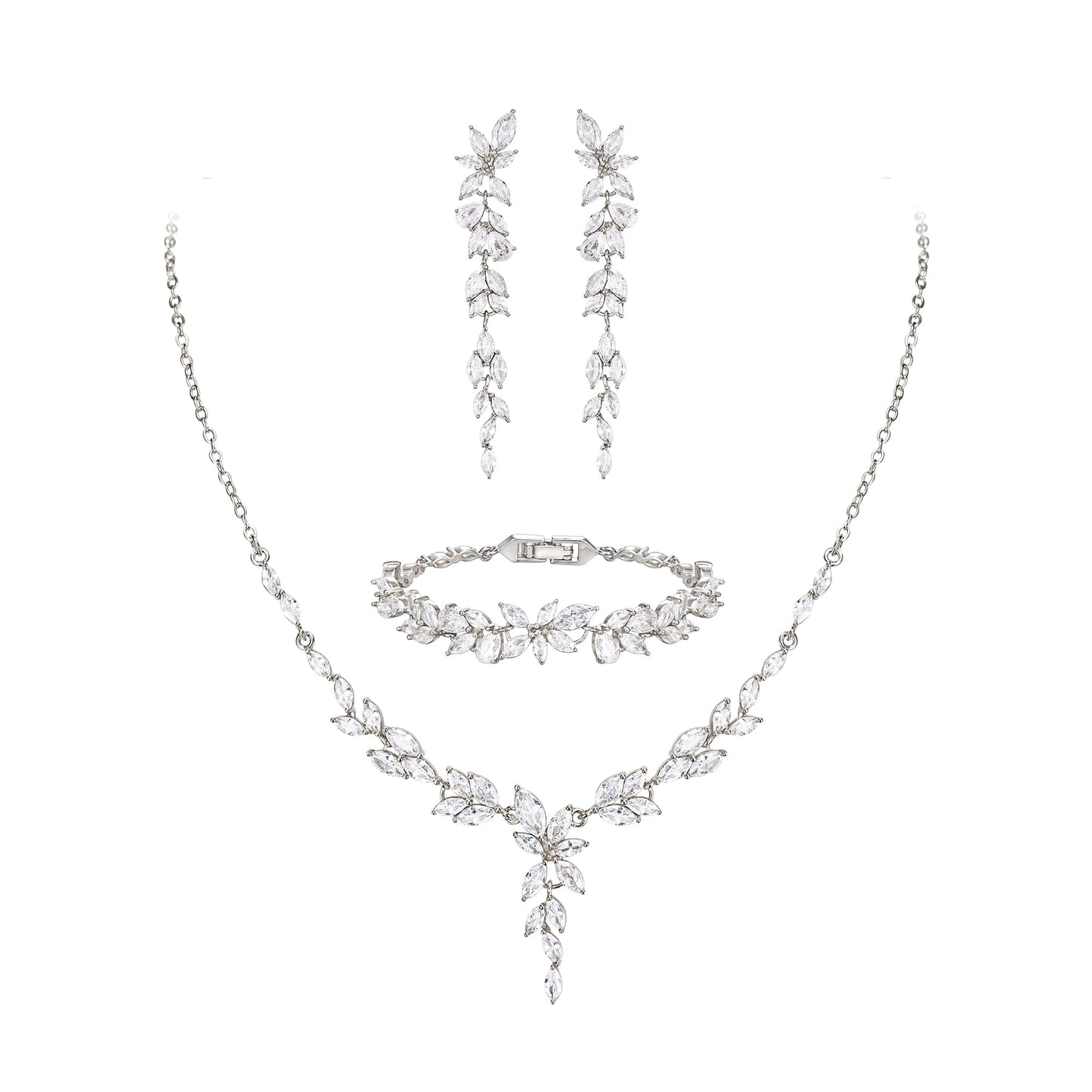 EVER FAITH Cubic Zirconia Wedding Jewelry for Bride Bridesmaid, Elegant Marquise Leaf Flower Bridal Prom Necklace Dangle Earrings Bracelet Set for Women Clear