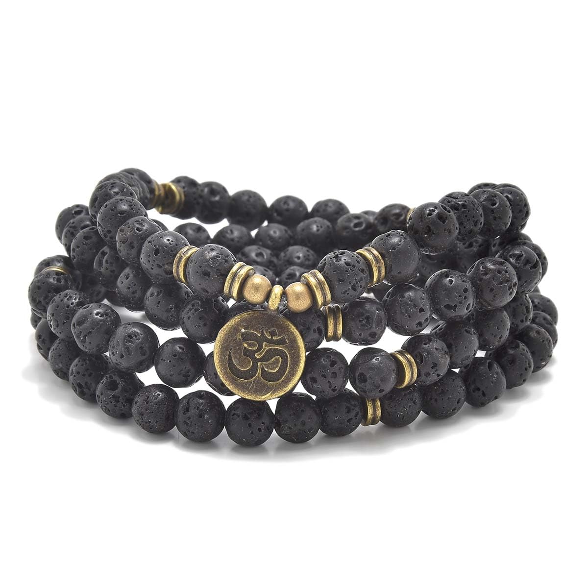 108 Natural Stone Mala Beads Yoga Jewelry Meditation Bracelet Necklace with om Charm (Lava)