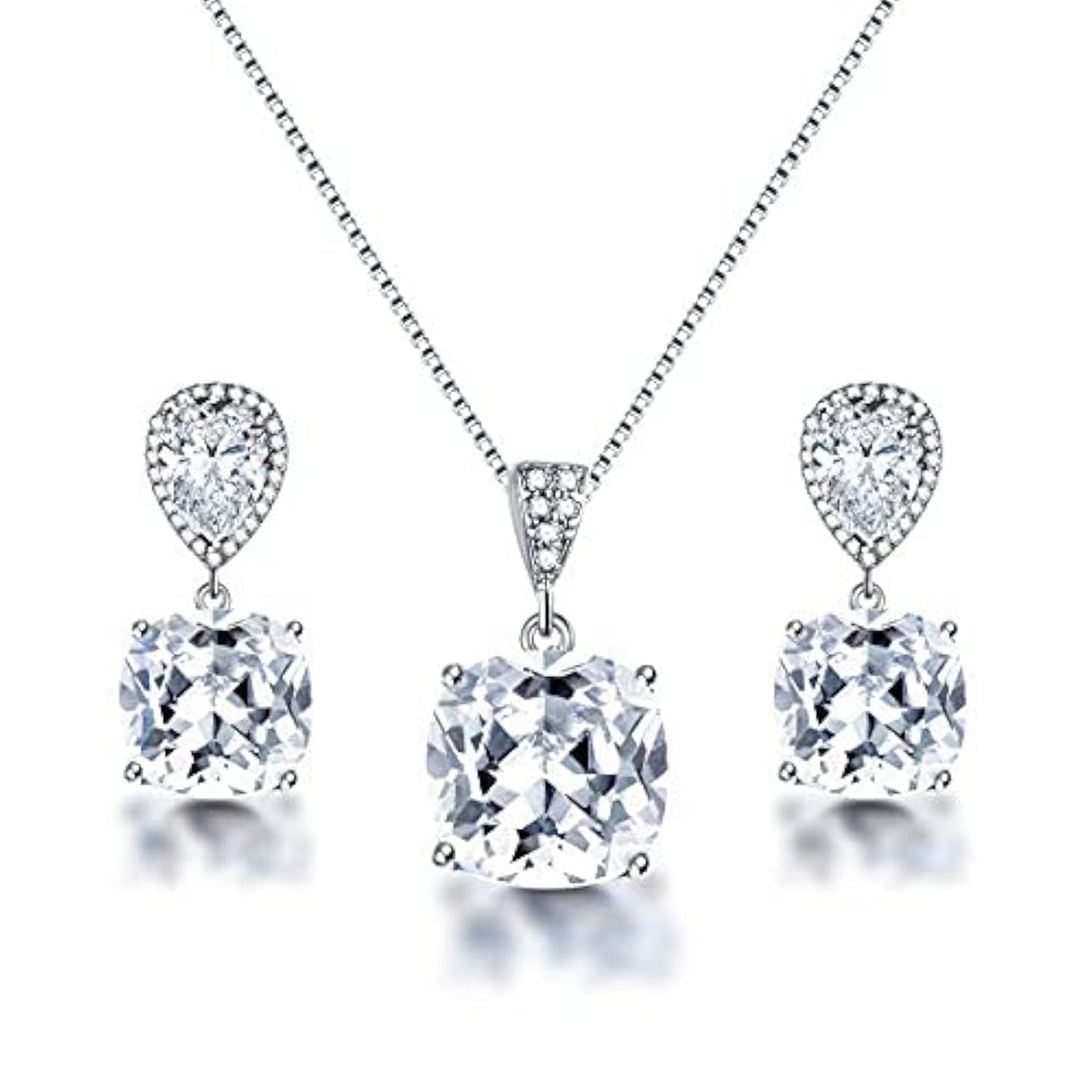AMYJANE Wedding Jewelry Set for Bridesmaids - Elegant Sterling Silver Teardrop Clear Cubic Zirconia Crystal Rhinestone CZ Necklace Set for Bride Bridal Jewelry for Mother of Bride