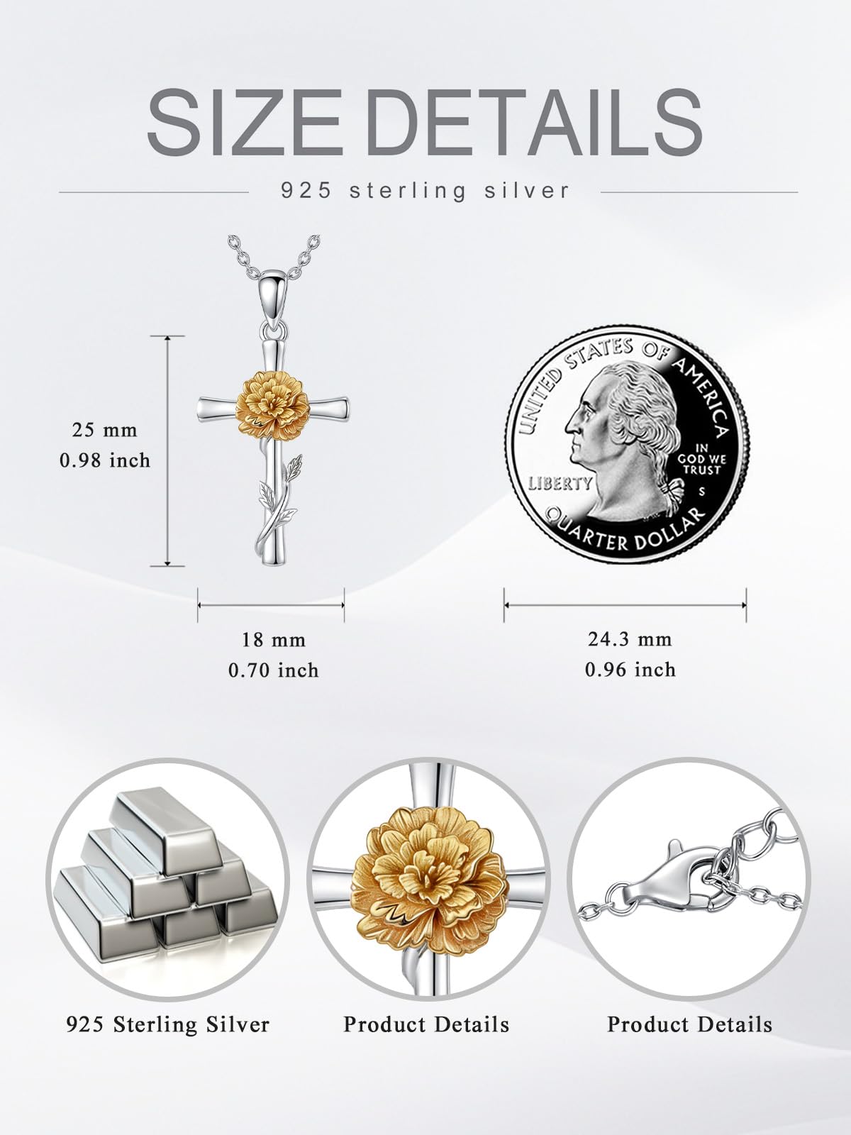 Cargari Marigold Flower Cross Necklace for Women 925 Sterling Silver Marigold Pendant Necklace Religious Floral Jewelry Gift
