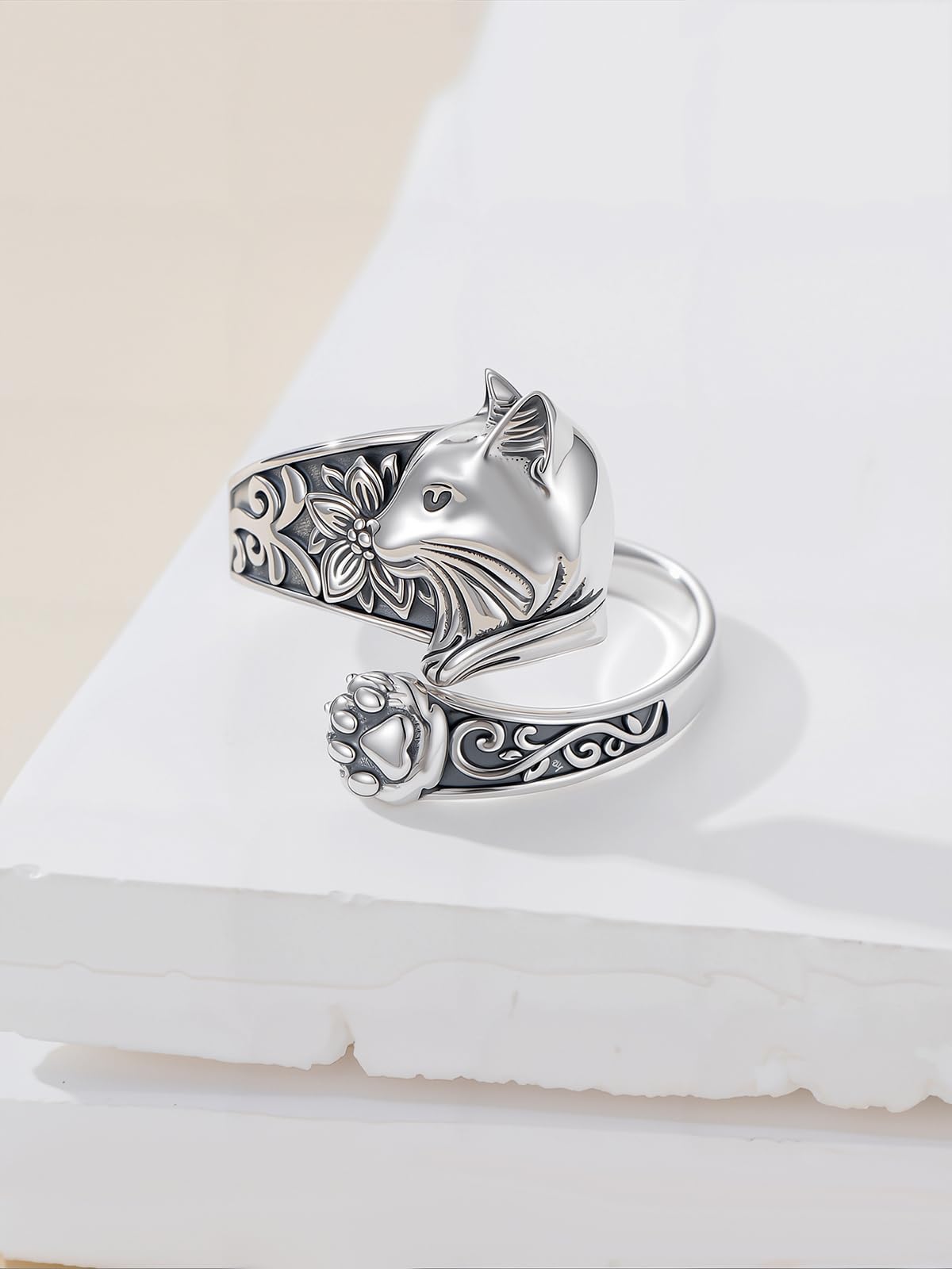 Midari Cat Spoon Rings for Women Sterling Silver Adjustable Vintage Paw Print Ring Finger Thumb Rings Kitty Jewelry Cat Lovers Birthday Halloween Christmas
