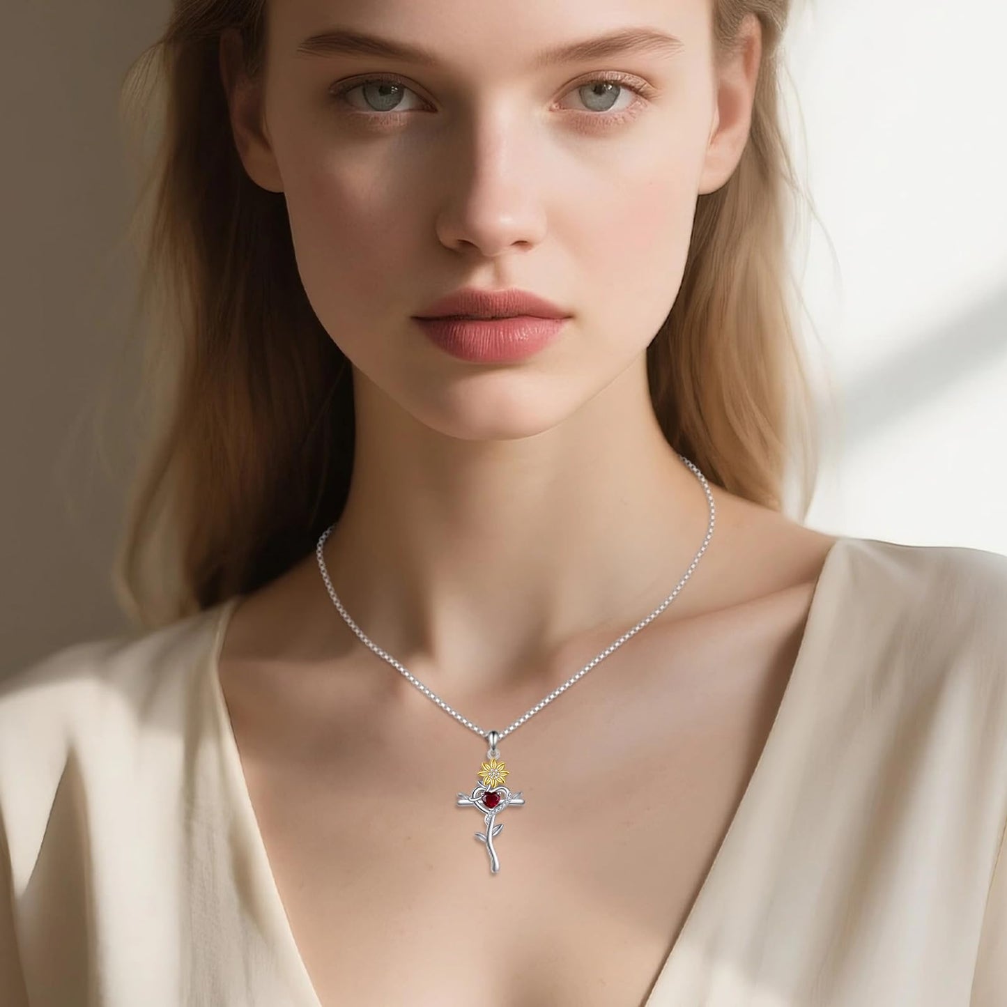 POPLYKE Cross Necklace for Women Personalized customization Sunflower Cross Necklace 925 Sterling Silver Opal Pendant Religious Jewelry Sunflower Gift for Her