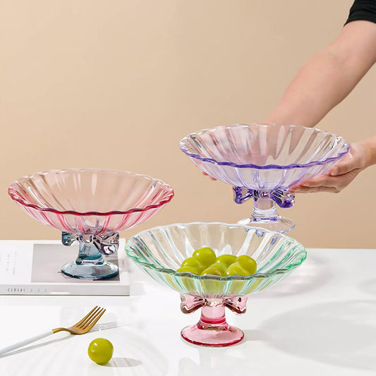 TUCHACA Glass Fruit Bowl. 9 inch Glass Pedestal Bowl. Elegant Bow Decoration Multicolor Salad Plate. Suitable for Fruit, Dessert, Candy, Snack & More. (Green & Pink)