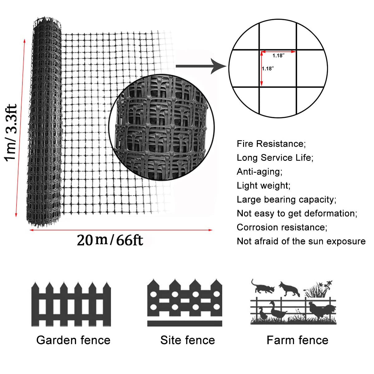 Plastic Fence Animal Barrier,3.3x66ft [Heavy Duty] Outdoor Safety Snow Plastic Fencing Roll Temporary Fencing,Reusable Garden Netting for Construction Dog Rabbits Chicken (Black)