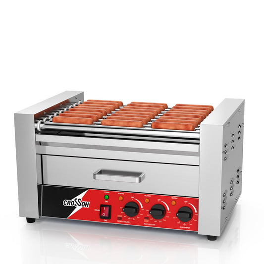 CROSSON Hot Dog Roller 9 Rollers 24 Hot Dogs,1750W Hot Dog Grill Cooker Machine with Bun Warmer,Three Temp Control Commercial 9 Nonstick 304 Roller