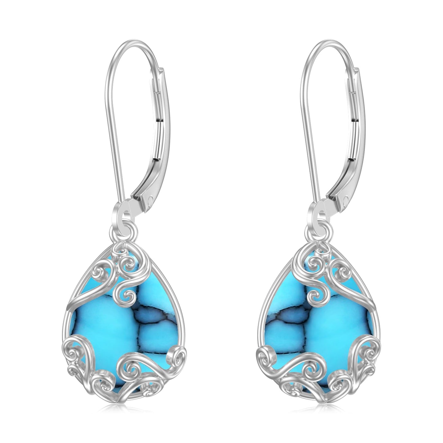 KoyeKei Turquoise Filigree Leverback Earrings for Women 925 Sterling Silver Turquoise Teardrop Dangle Drop Earrings Filigree Jewelry Anniversary Graduation Gifts for Wife Her Girlfriend