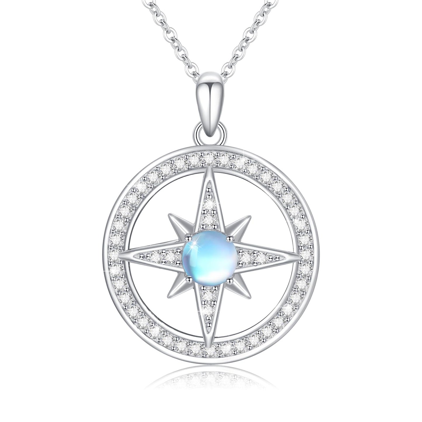 Silikepa Star Necklace for Women 925 Sterling Silver North Star Pendant Necklace Round Rotating Pendant with Moonstone Jewelry Gift for Women