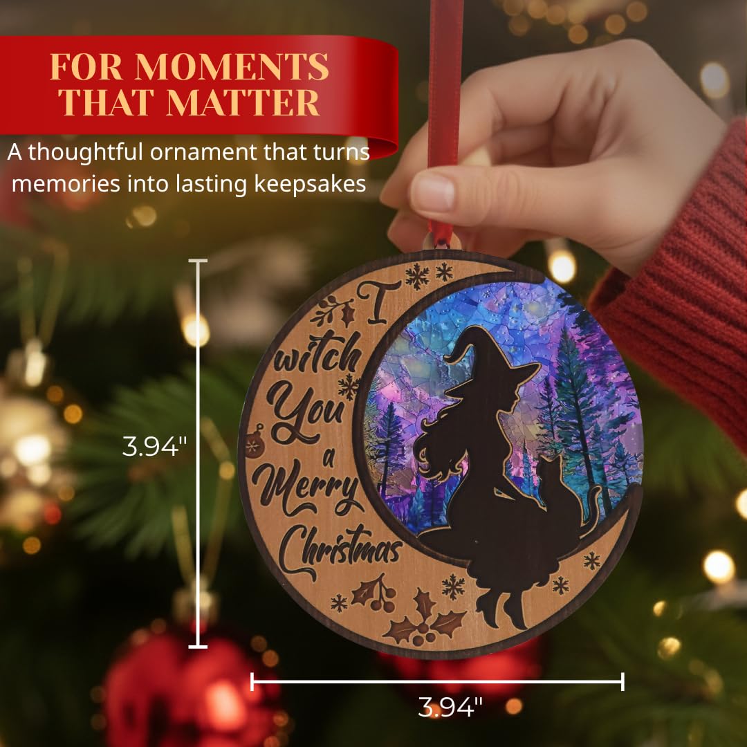 Witchy Christmas Ornaments, Shatterproof 3D Wood and Acrylic Witch Ornament on Crescent Moon, Magical and Gothic Holiday Decoration for Christmas Tree, Unique Spiritual Gift for Women, Friends