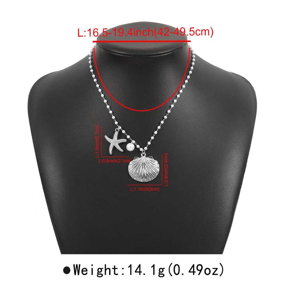 Dainty Gold Starfish Beach Pendant Necklace for Women Cute Charms Shell Pearl Ball Chain Choker Necklaces Adjustable Ocean Sea Summer Accessories Y2K Holiday Party Jewelry 20" (Silver)