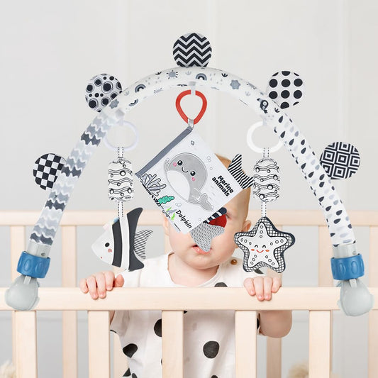 Baby Activity Travel Mobile Arch Bassinet Toy, Black and White High-Contrast Crib Toys, with Rattle and Book, Strolle,Pram and Crib Attachment with Hanging Toys (Ocean)