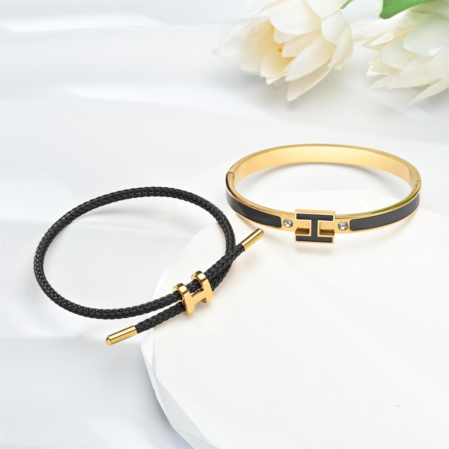 Hothink H Bracelets for Women,H Bangle and H Wire Rope Bracelet Set,Dainty 18K Gold Plated Bracelets Set for Christmas Mothers Day Gifts for Women (Gold-Black)