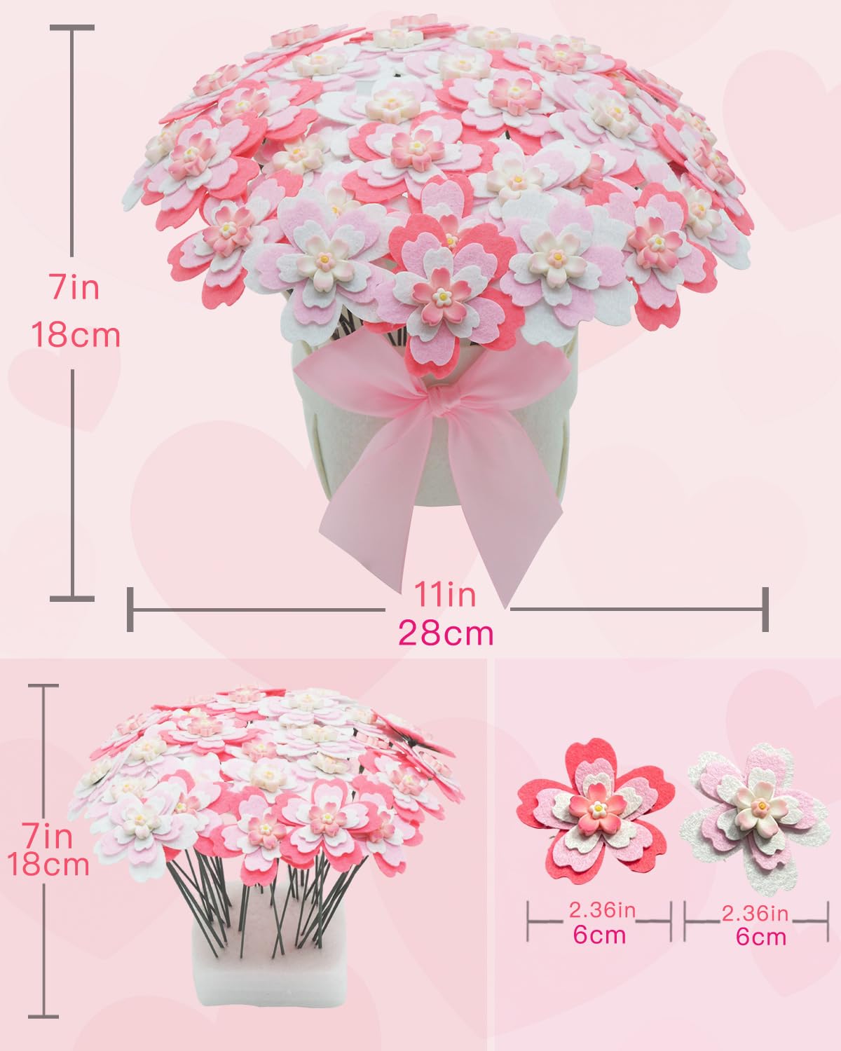 BAZIMA DIY Felt Flower Art Craft Kit,Cherry Blossom Bouquet Making Kit, Floral Gifts,Beginner Craft Kit, Arrange Pre-Cut Felt Flowers, Ideas for Art Project Activity,32 Felt Flowers.