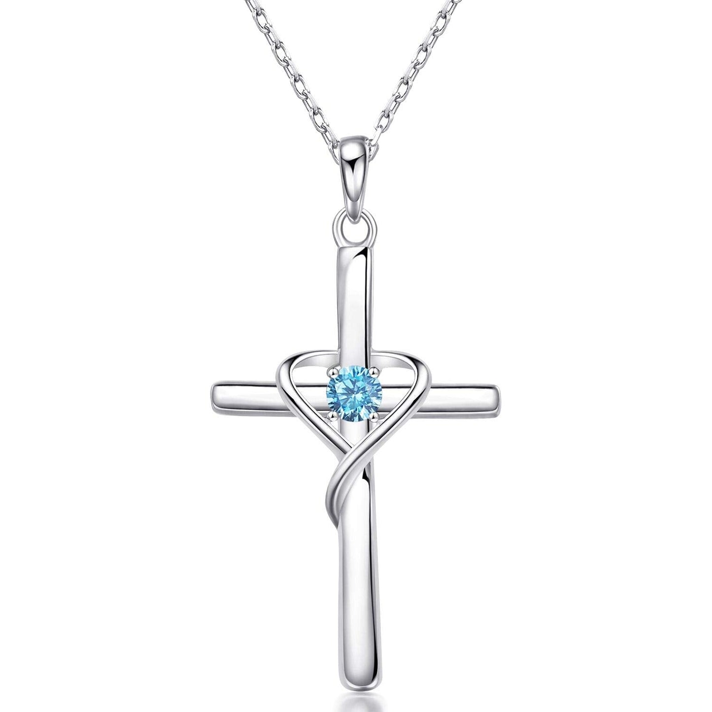AmorAime 925 Sterling Silver Cross Necklace for Women Men 14K Gold Plated 5A CZ Birthstone Necklaces for Holiday (L.Blue-December-Blue Topaz)