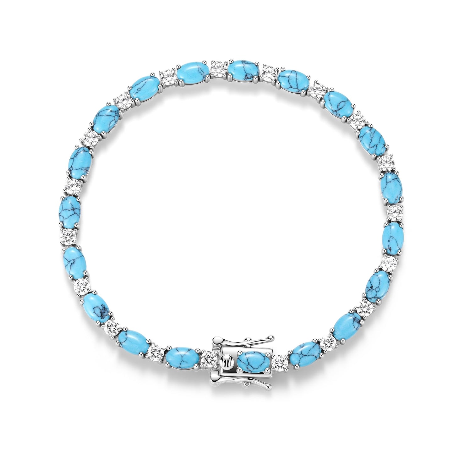 FANCIME Sterling Silver Created Turquoise Tennis Bracelet December Birthstone Bracelet Oval Gemstone Dainty Fine Jewelry Birthday Day Gift for Women 7"