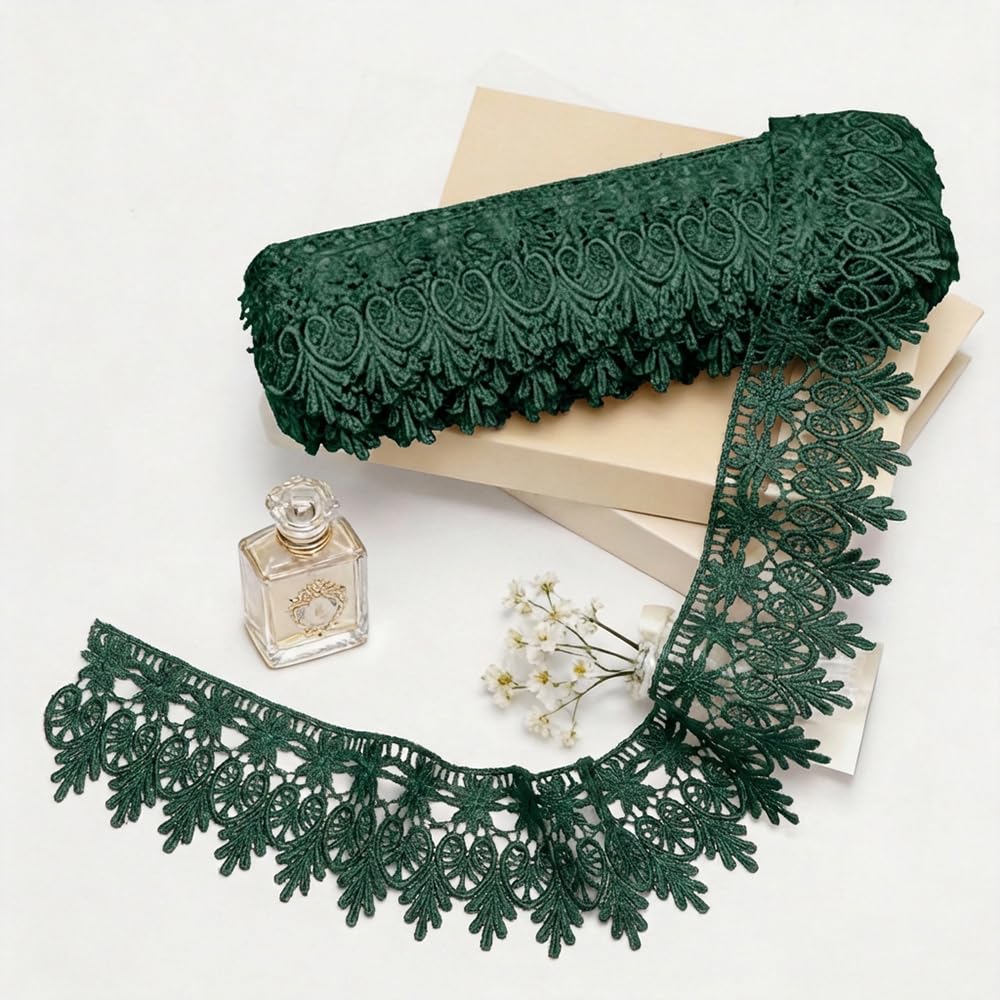 Pocoxll 15 Yards Floral Lace Trim, 8.5CM Wide Lace Ribbon, Embroidered Ribbon Floral Edge Trim for Sewing Crafts, Gift Wrapping and Wedding Decor (Dark Green)