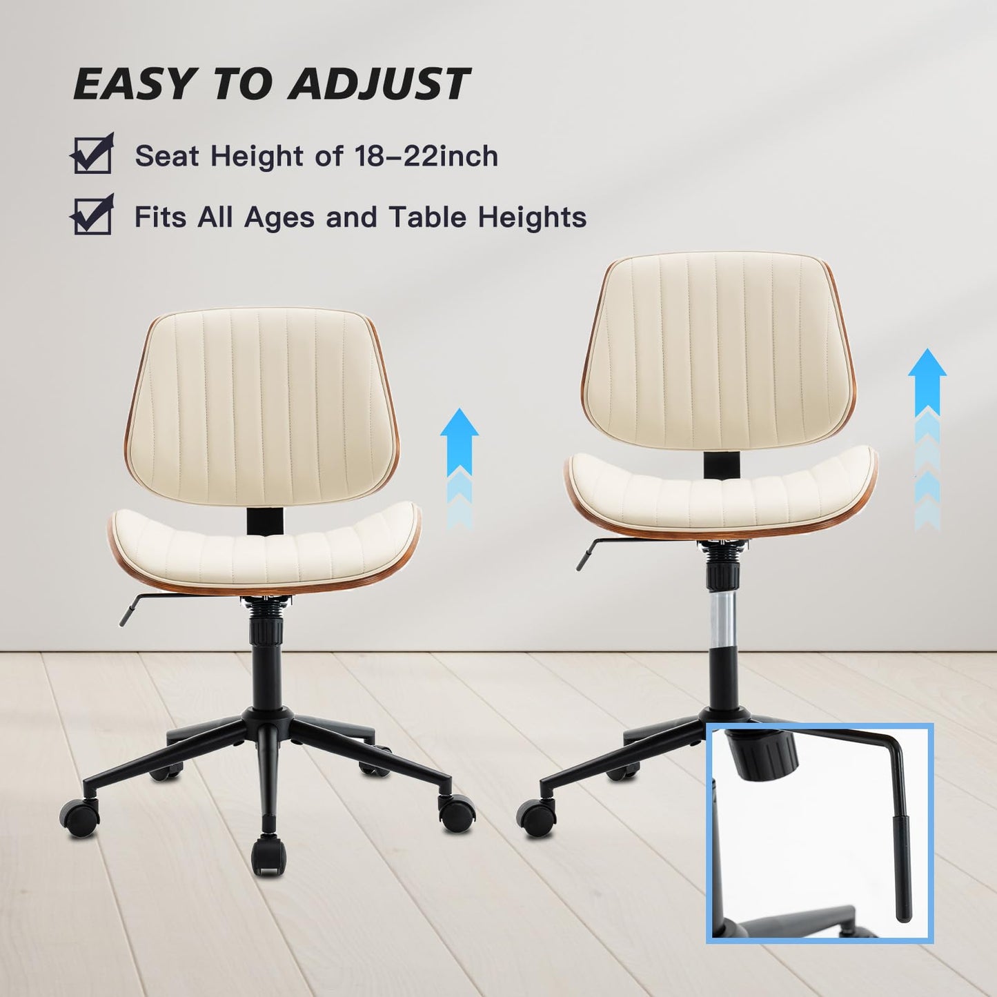 Rongbuk Armless Desk Chair with 360°Swivel Wheels, Ergonomic Adjustable Height Computer Chair for Home Office,PU Leather with Modern Walnut Drafting Chairs for Office, Reading Nook(Beige)