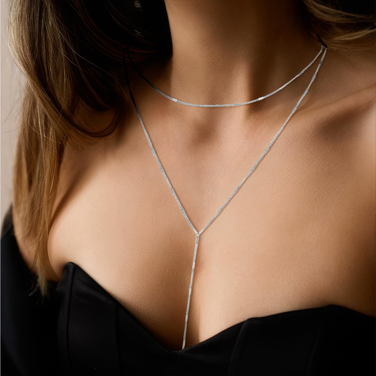 Yowivon Silver Necklace for Women, Dainty Long Necklace Silver Plated Y-Shaped Layered Pendant Beaded Chain Drop Necklaces Trendy Simple Gold Jewelry for Women Set Gifts