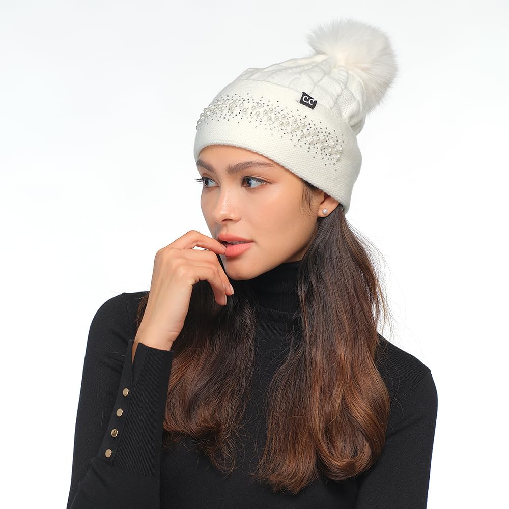 C.C Pearl Rhinestone Embellishment Beanie with Fur Pom for Women - Wool Stretchable Soft Warm with Faux Fur Pom Knit Winter Skully Hat