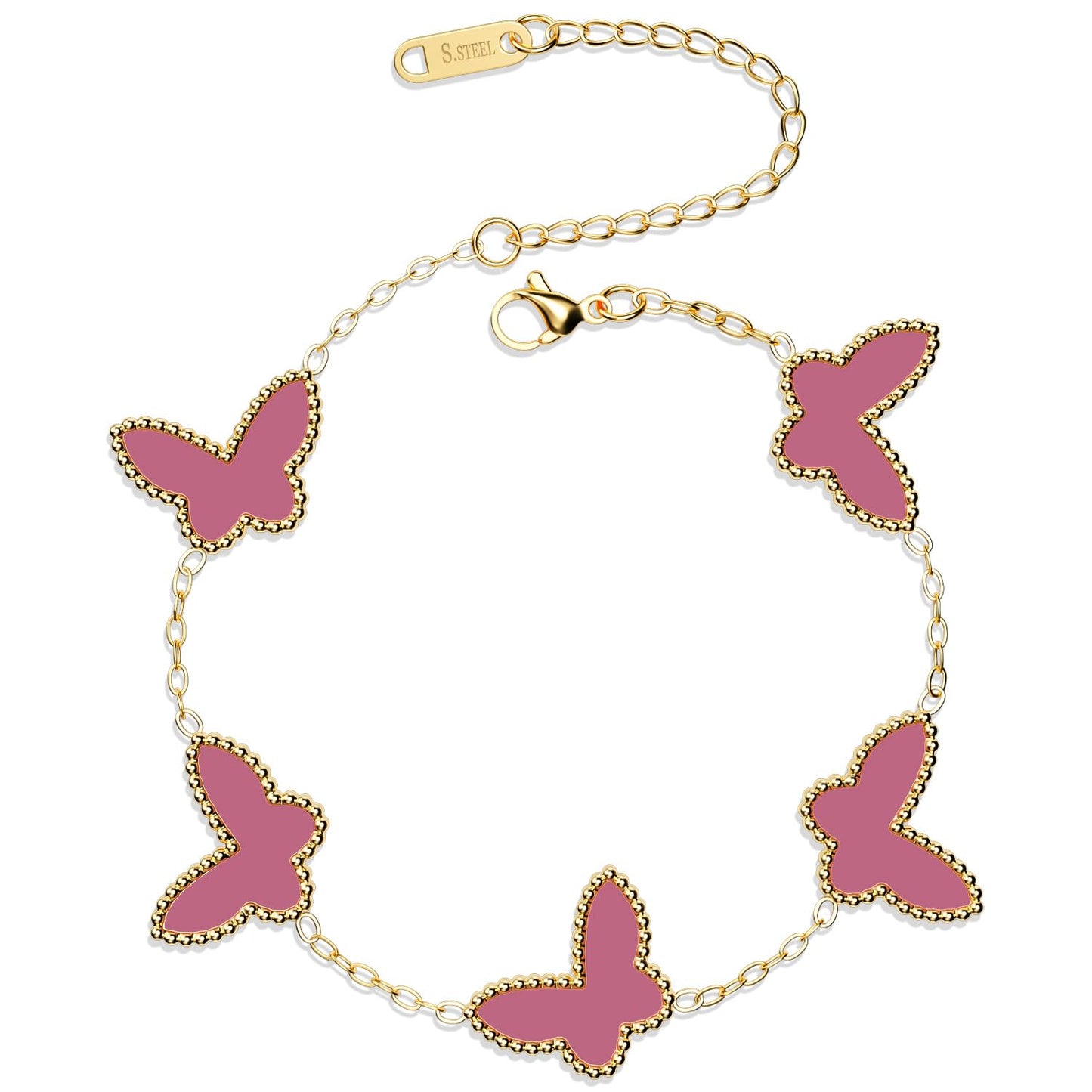 AICase 18K Gold Plated Clover Bracelet Dupes Pink Bracelet Set for Women Butterfly Flower Leaf Lucky Clover Bracelets Trendy Jewelry Birthday Gifts for Women/MoM/Friends_Pink