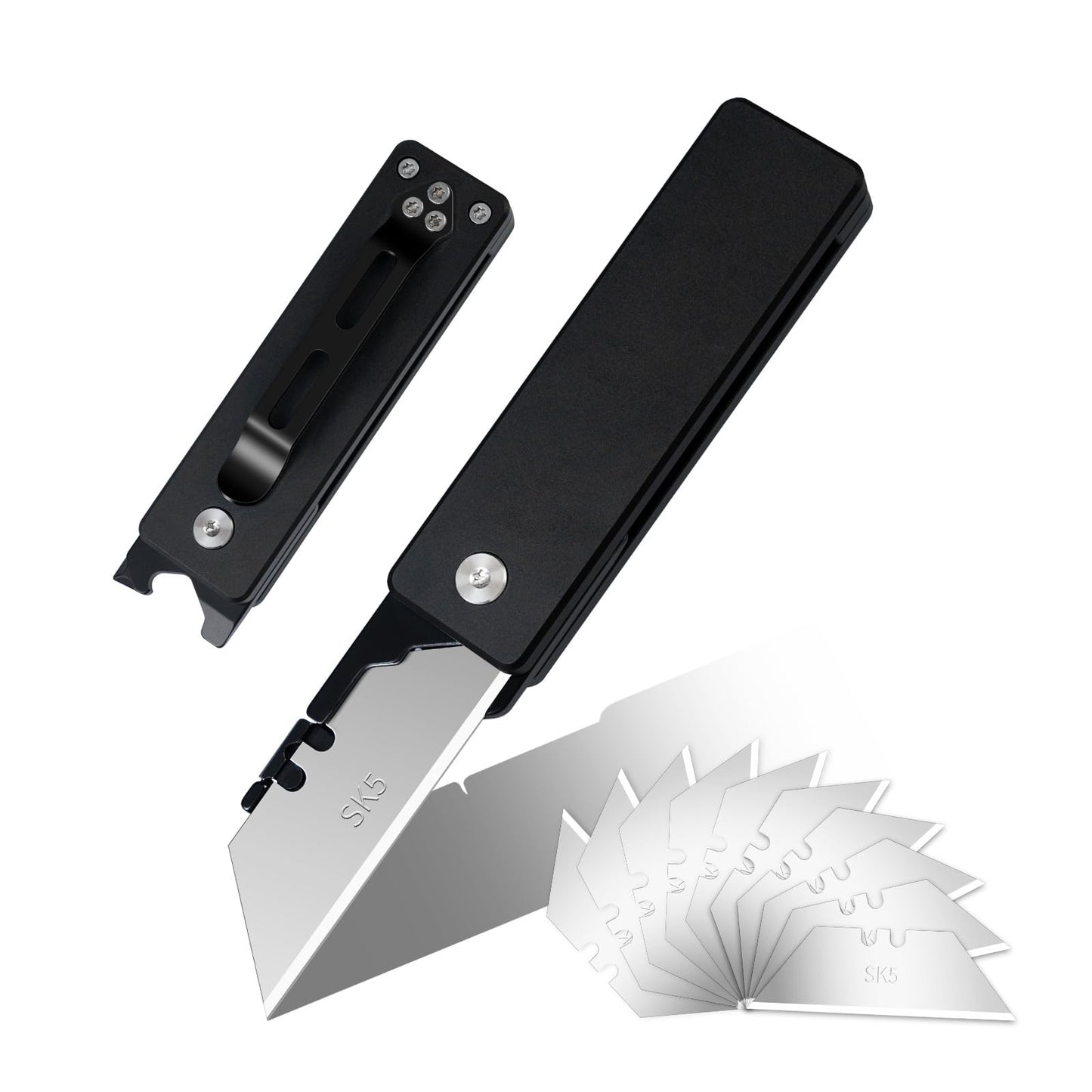 cckk Aluminium Utility Knife, Unique way of unfolding, Lightweight All Metal Folding Box Cutter with clip, Quick Change Blade Razor Knife,Ideal Gifts for Men Women, with 10 Extra Blades
