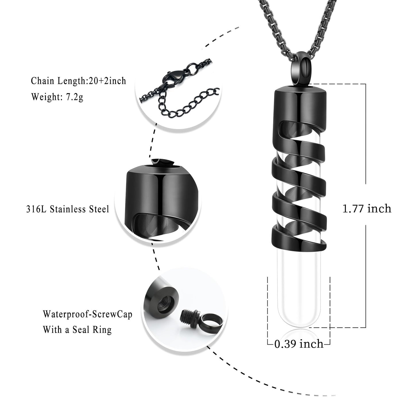 Oinsi Clear Glass Tube Cremation Urn Jewelry Ashes Holder Necklace Keepsake Memorial Pendant Including Box/Fill Kits (Black)