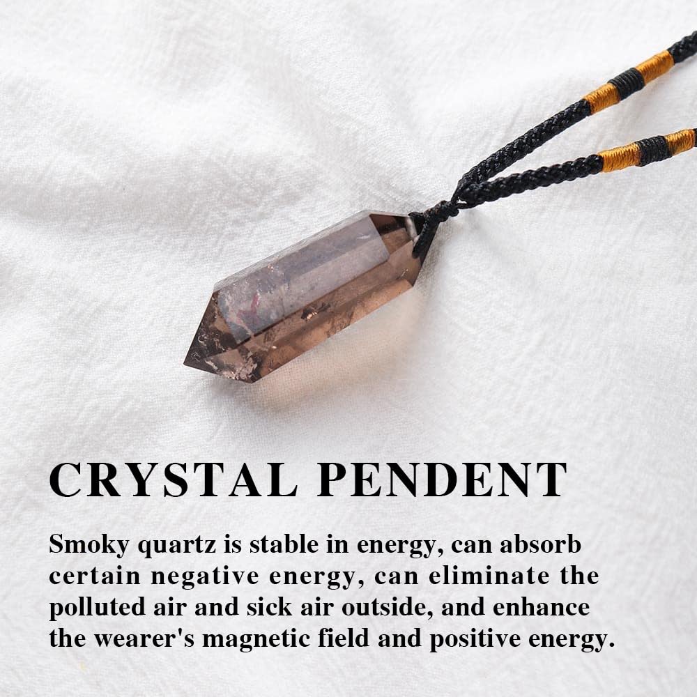 Runyangshi Smoky Quartz Healing Crystal Pendants, Double Pointed Natural Crystal Quartz Necklace 6 Faceted Chakra Crystal Wand Stone Reiki Meditation