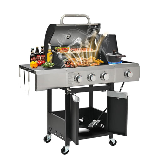3+1 Burner Propane Gas Grill, 40,500 BTU Stainless Steel BBQ Grill with Side Burner for Outdoor Backyard, Camping, Patio, and Tailgating (3+1 burner)
